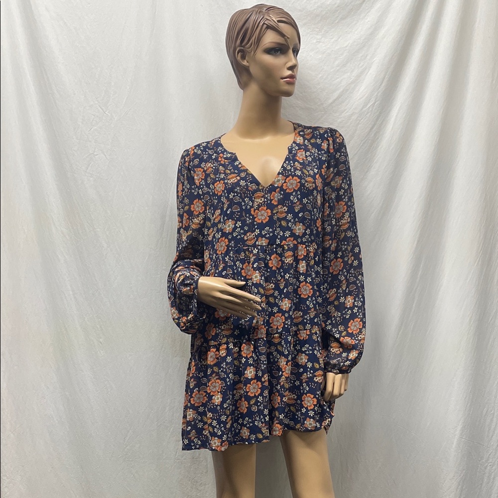 Melloday Women's Blue Floral Flowing Long Sleeve Dress